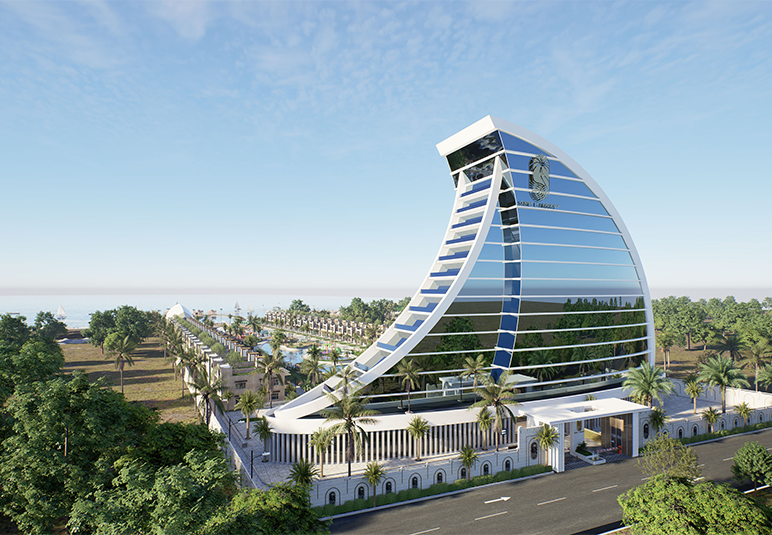 Luxury Beach Villa exterior at Sahil-e-Firdous resort Karachi.